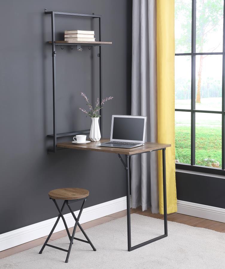 Riley - Foldable Wall Desk With Stool - Rustic Oak and Sandy Black