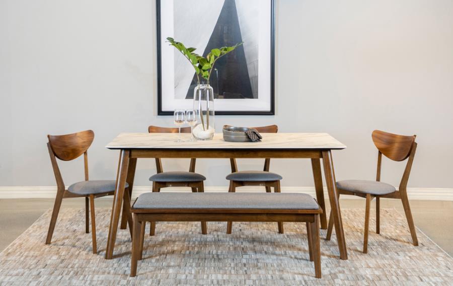 Everett - 6-Piece Faux Marble Top Dining Table - Natural Walnut And Grey