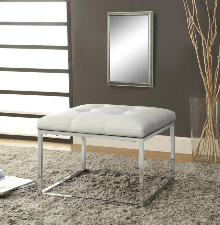 Swanson - Upholstered Tufted Ottoman - White and Chrome