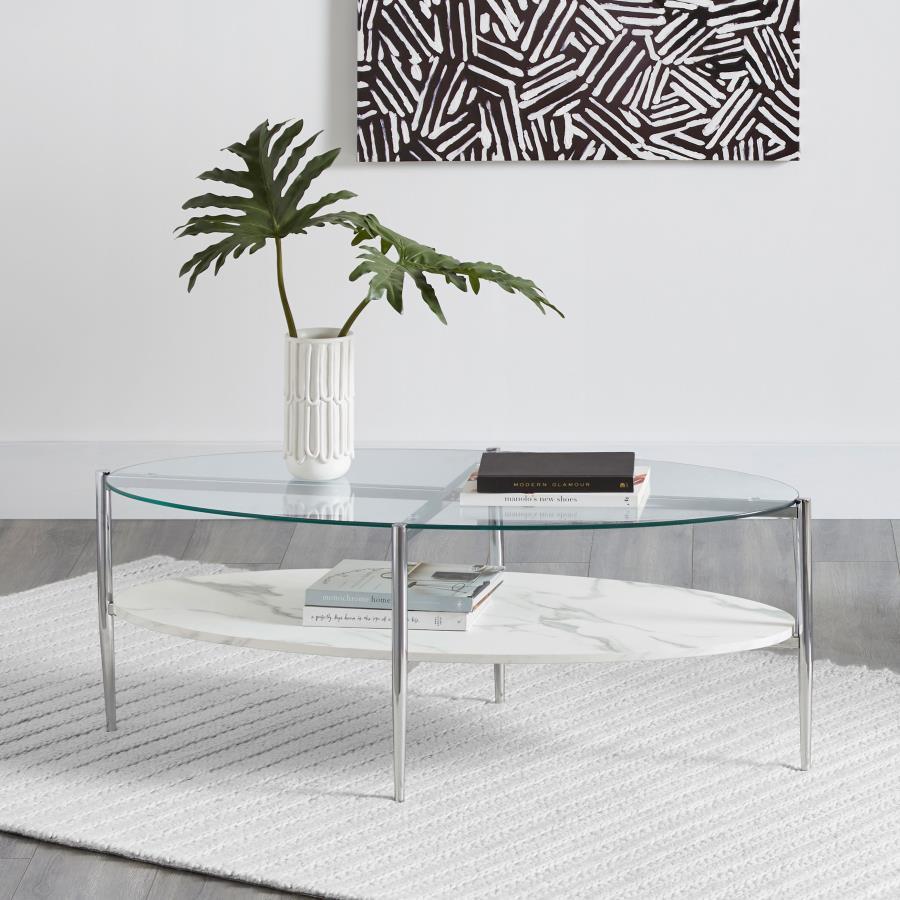Cadee - Round Glass Top Coffee Table - White and Chrome