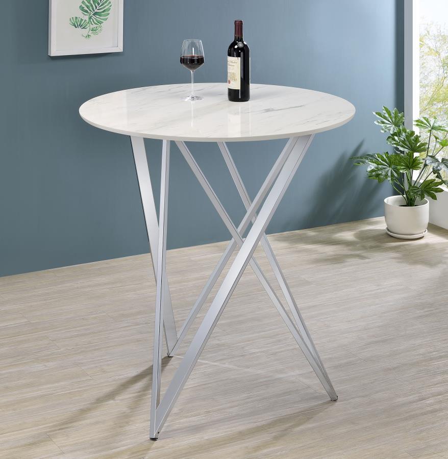 Bexter - Faux Marble Round Top Bar Table - White and Chrome