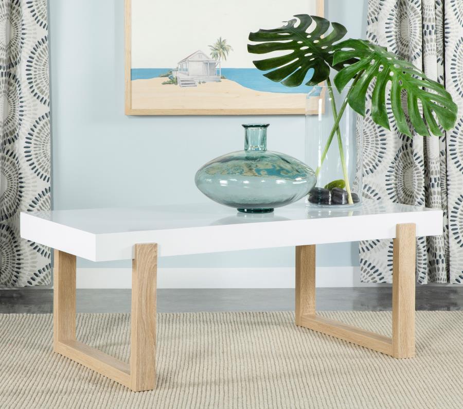 Pala - Rectangular Coffee Table With Sled Base - White High Gloss and Natural