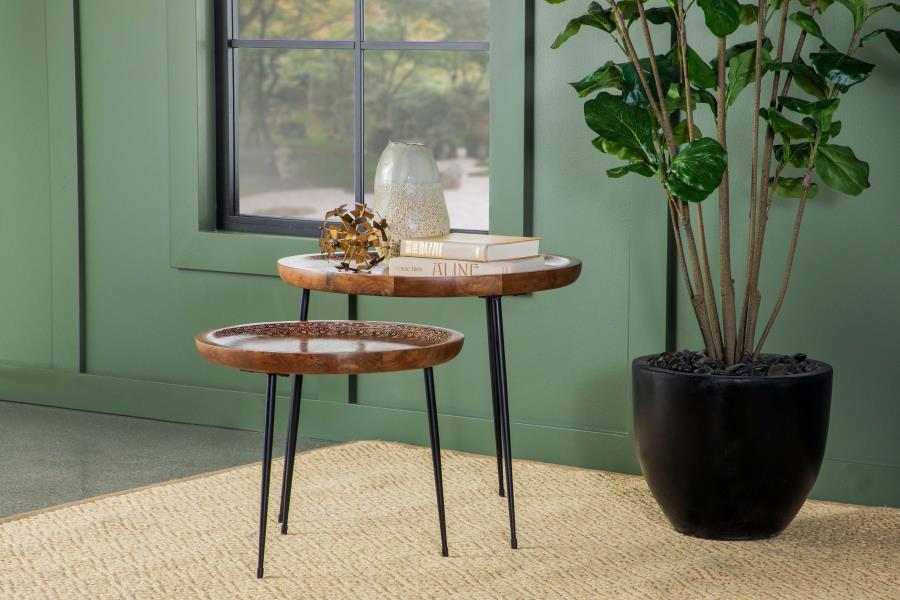 Nuala - 2-Piece Round Nesting Table With Tripod Tapered Legs - Honey and Black