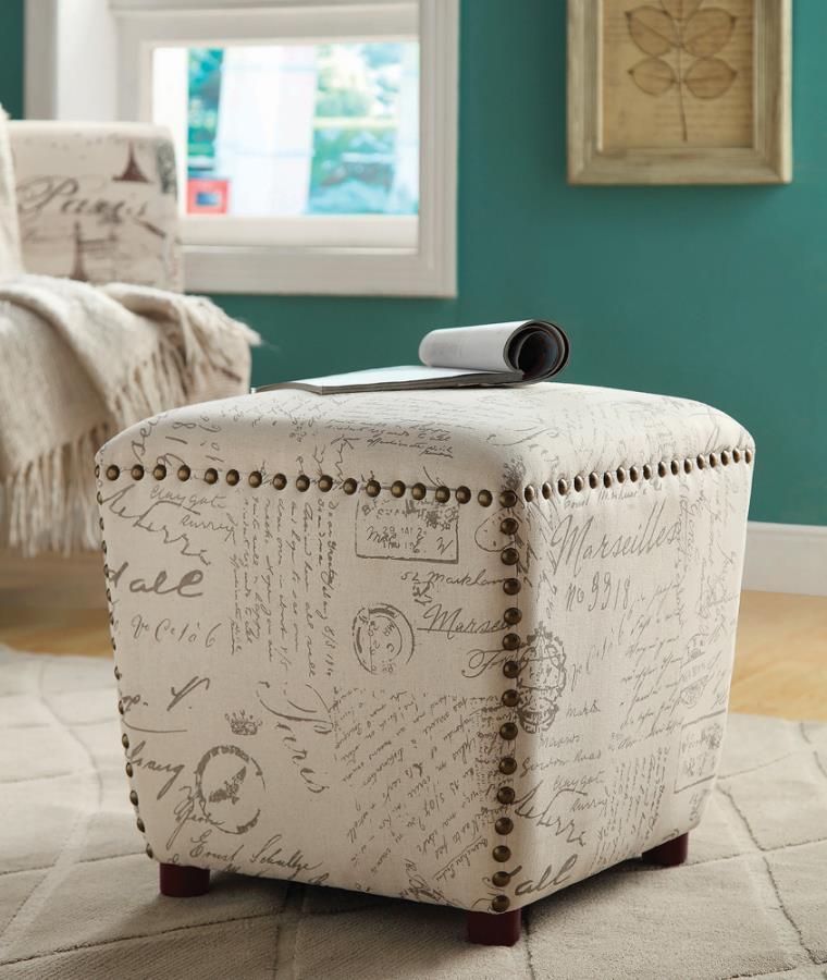 Lucy - Upholstered Ottoman With Nailhead Trim - Off White and Grey