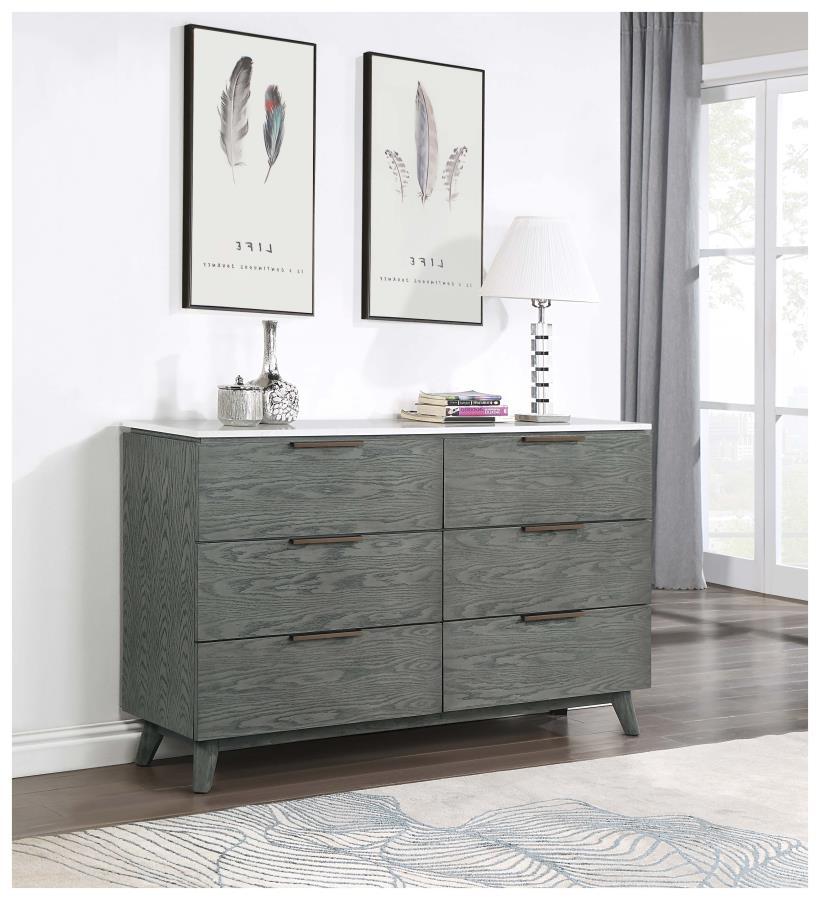 Nathan - 6-Drawer Dresser - White Marble and Grey