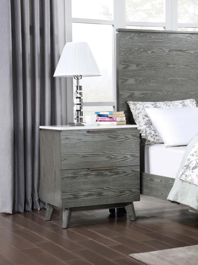 Nathan - 2-Drawer Nightstand With USB Port - White Marble and Grey