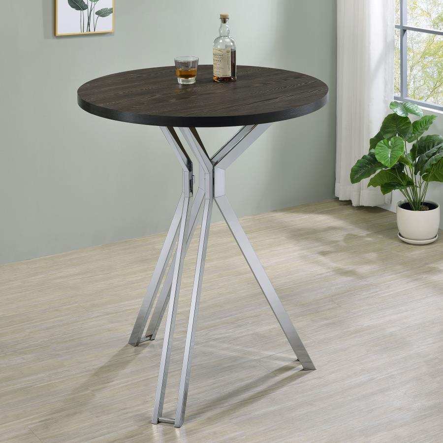 Edgerton - Round Wood Top Bar Table - Dark Oak and Chrome