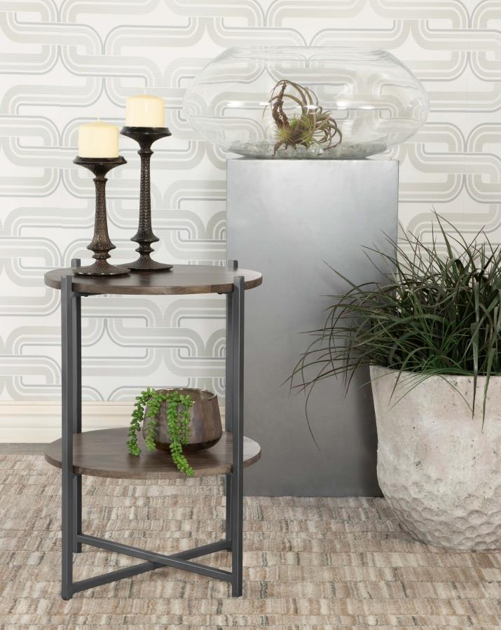 Axel - Round Accent Table With Open Shelf - Natural and Gunmetal