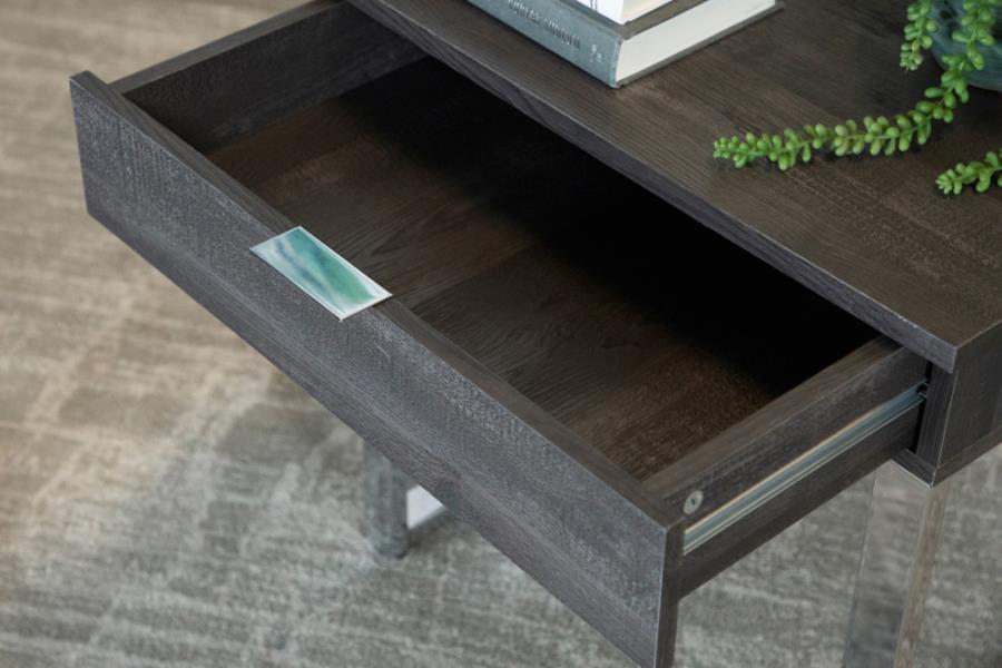 Baines - Square 1-Drawer End Table - Dark Charcoal and Chrome