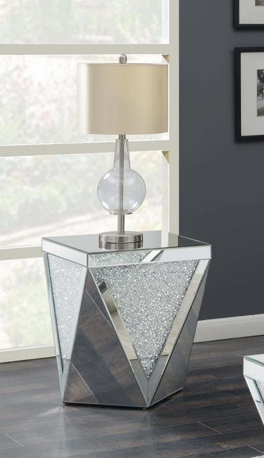 Amore - Square End Table With Triangle Detailing - Silver and Clear Mirror