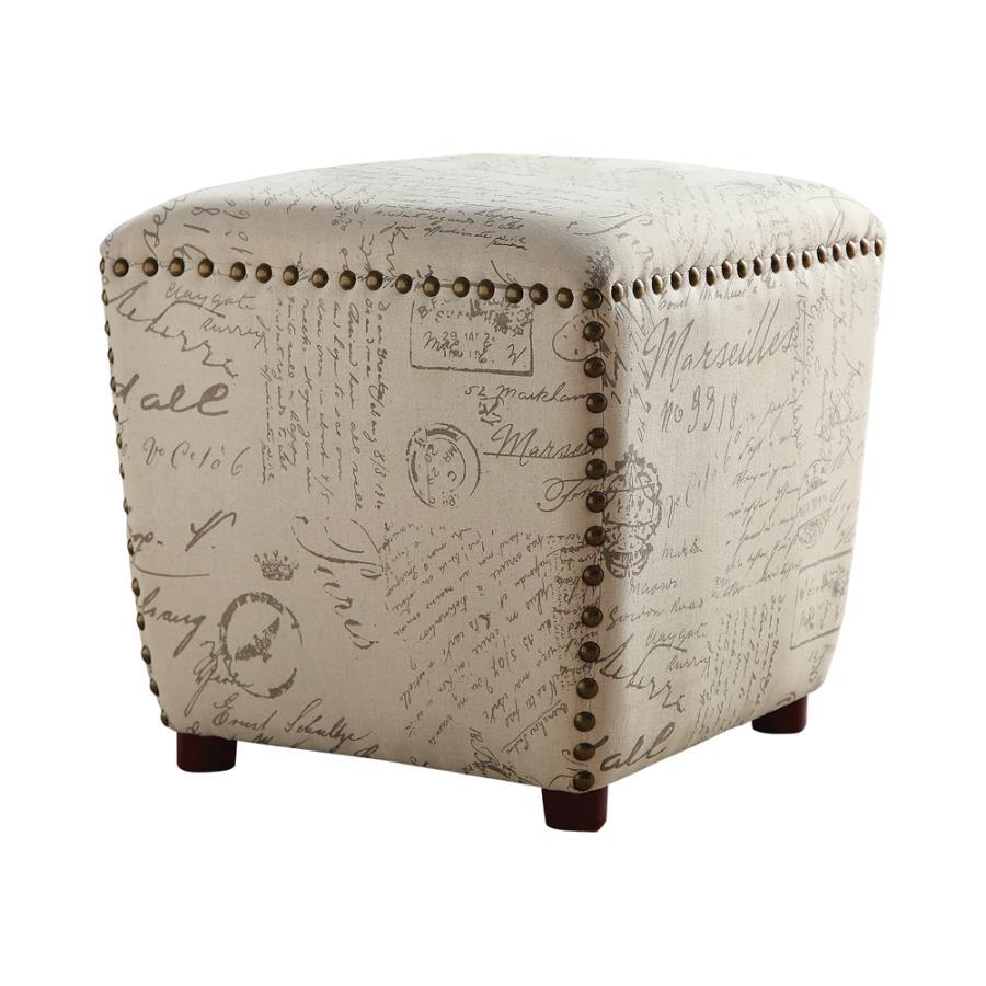 Lucy - Upholstered Ottoman With Nailhead Trim - Off White and Grey