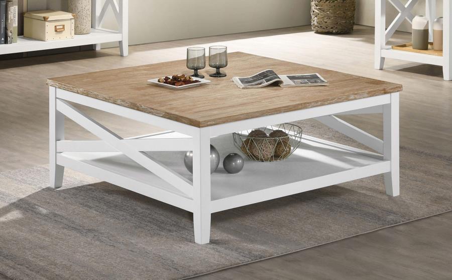 Maisy - Square Wooden Coffee Table With Shelf - Brown and White