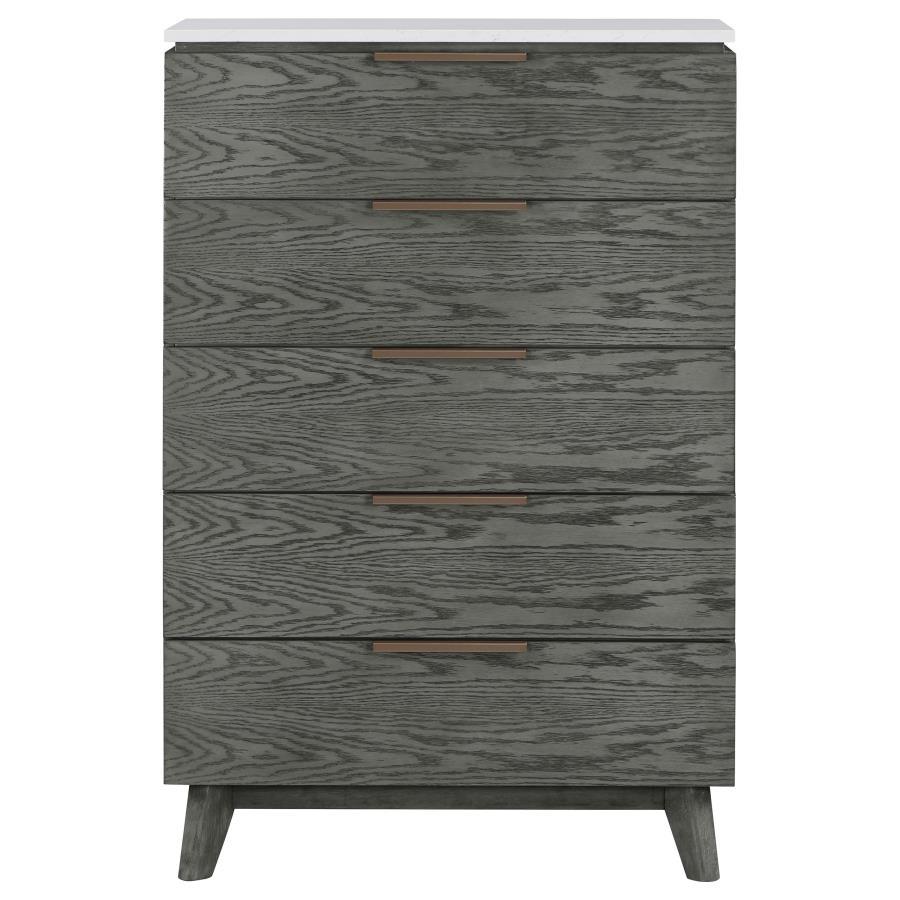 Nathan - 5-Drawer Chest - White Marble and Grey
