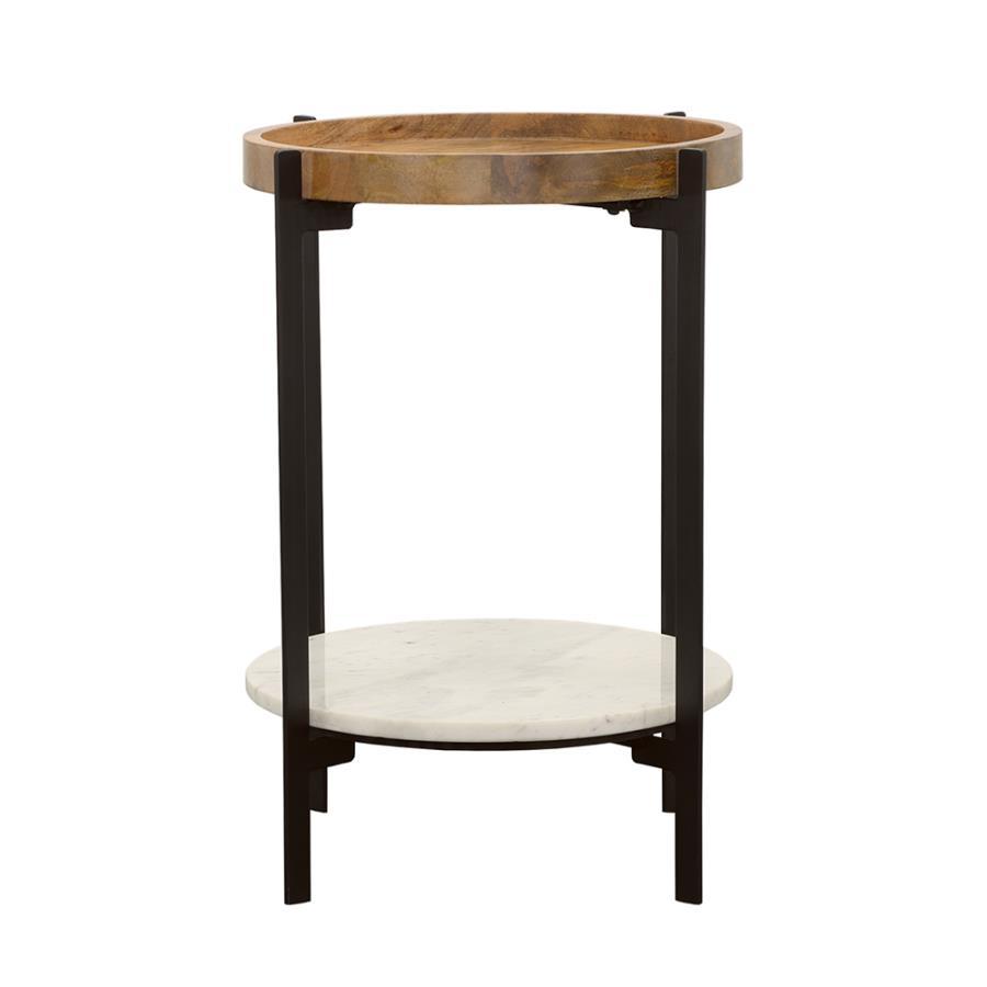 Adhvik - Round Accent Table With Marble Shelf - Natural and Black