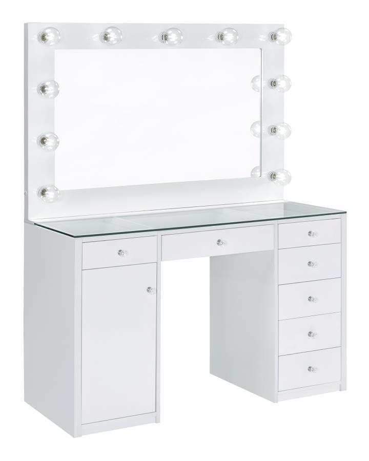 Percy - 7-Drawer Glass Top Vanity Desk With Lighting - White