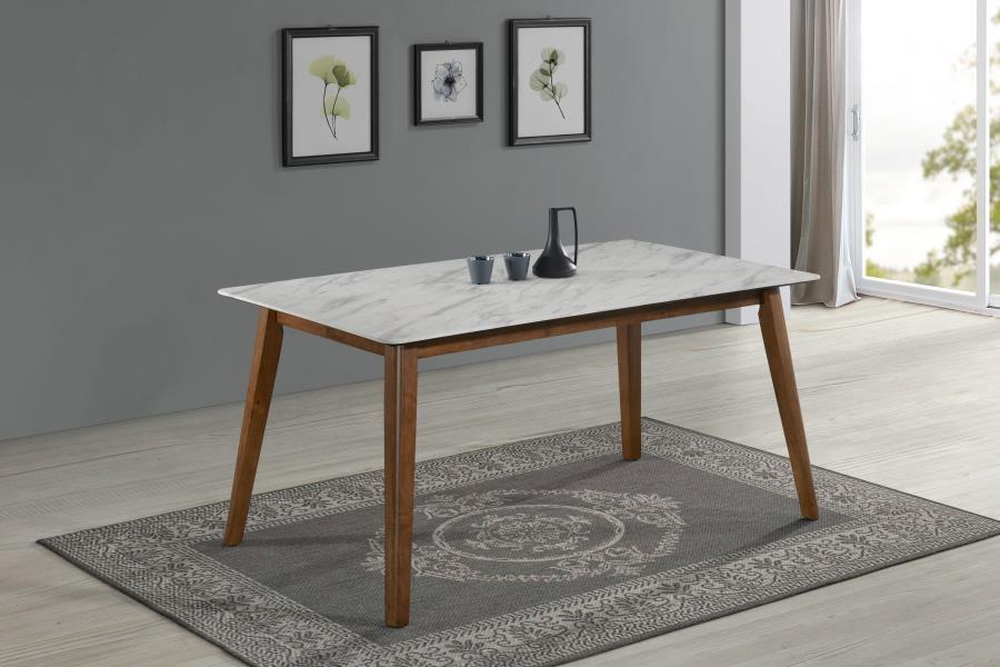 Everett - Faux Marble Top Dining Table - Natural Walnut and White