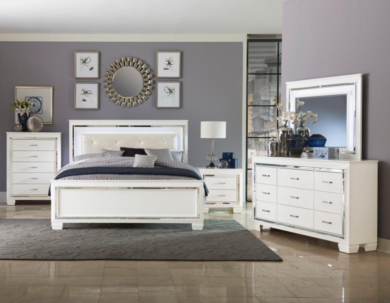 1916 Allura Collection Bedroom Set 4 Piece (Bedframe, Dresser, Mirror and Nightstand)