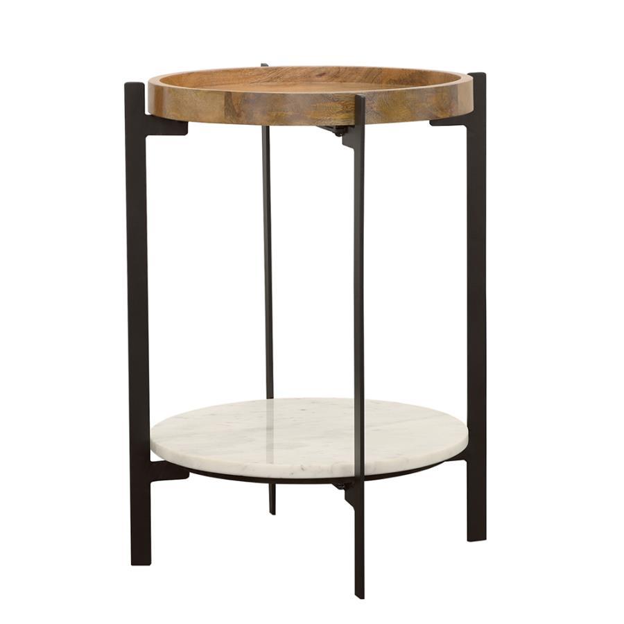 Adhvik - Round Accent Table With Marble Shelf - Natural and Black