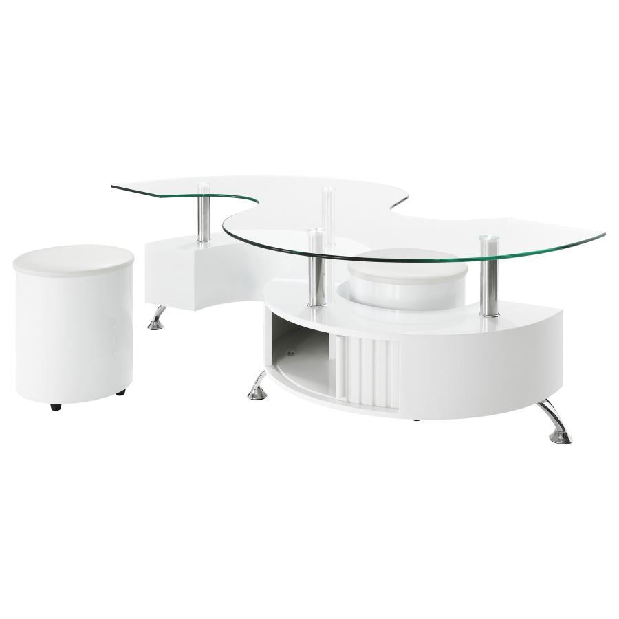 Buckley - Curved Glass Top Coffee Table With Stools - White High Gloss