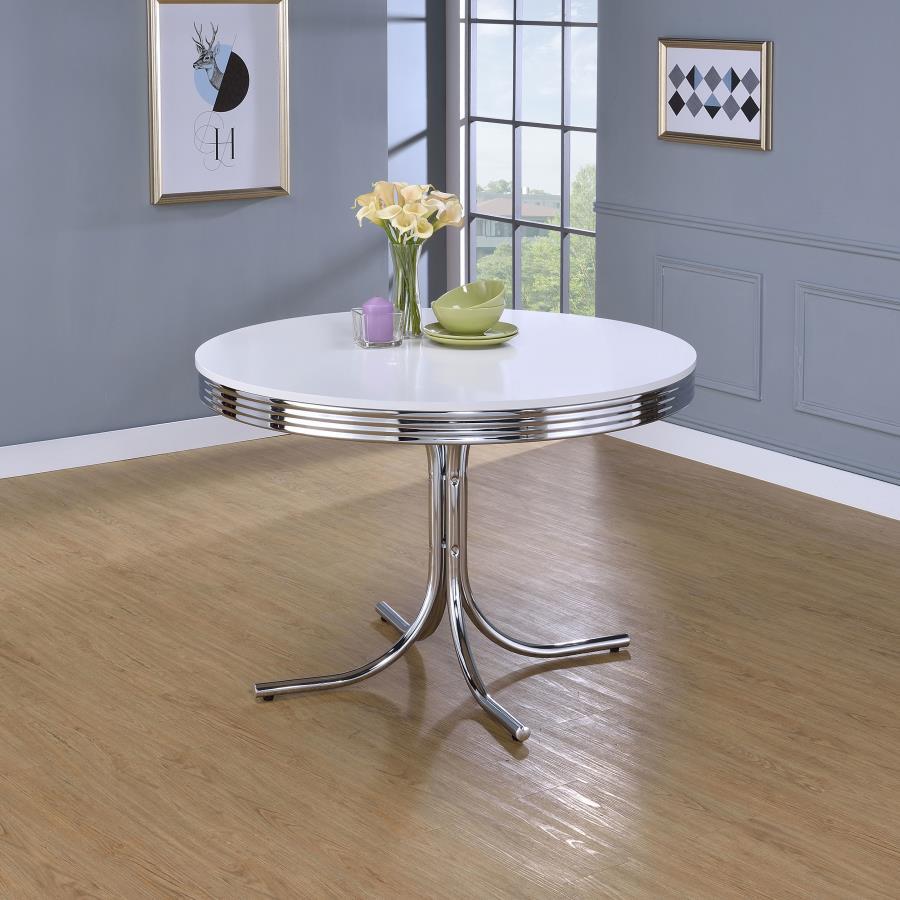 Retro - Round Dining Table - Glossy White and Chrome