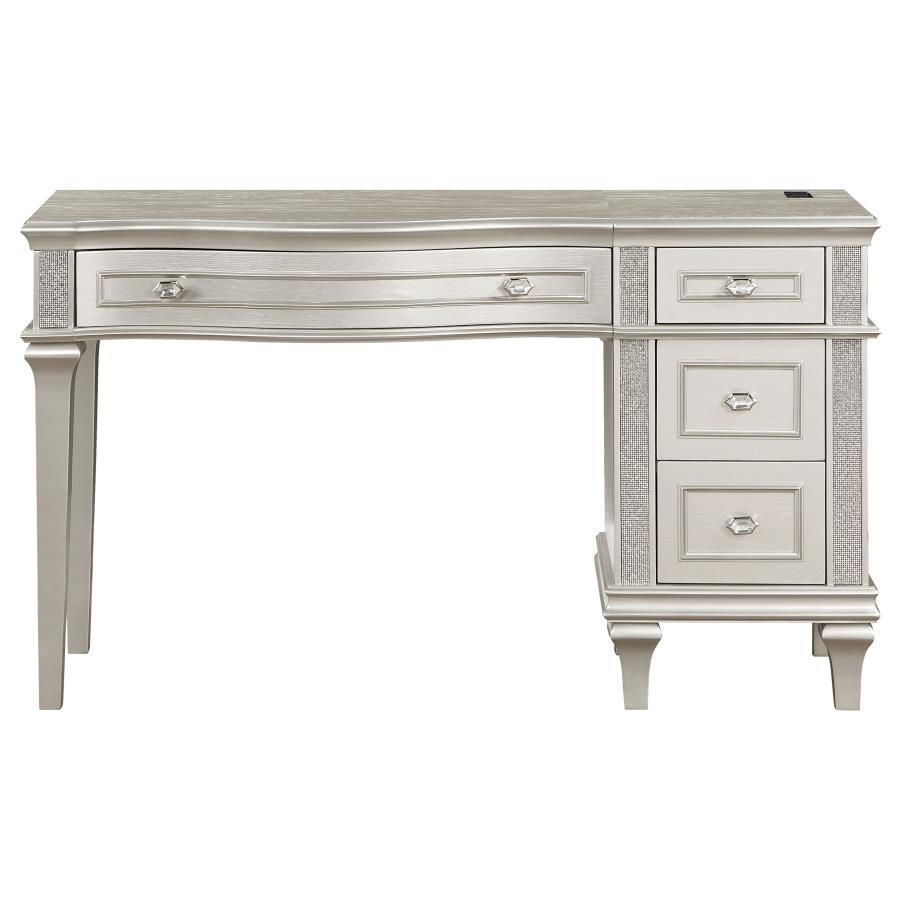Evangeline - 4-Drawer Vanity Table With Faux Diamond Trim - Silver and Ivory