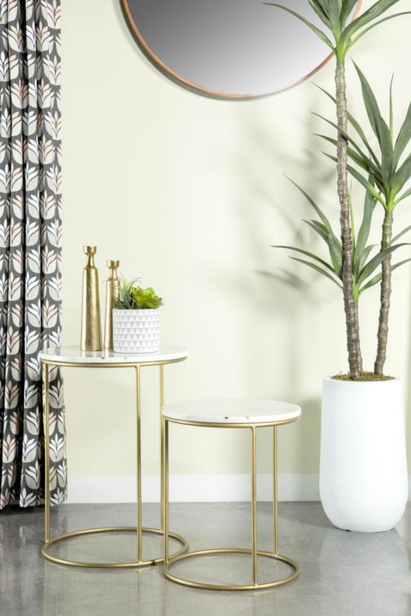 Vivienne - 2-Piece Round Marble Top Nesting Tables - White and Gold