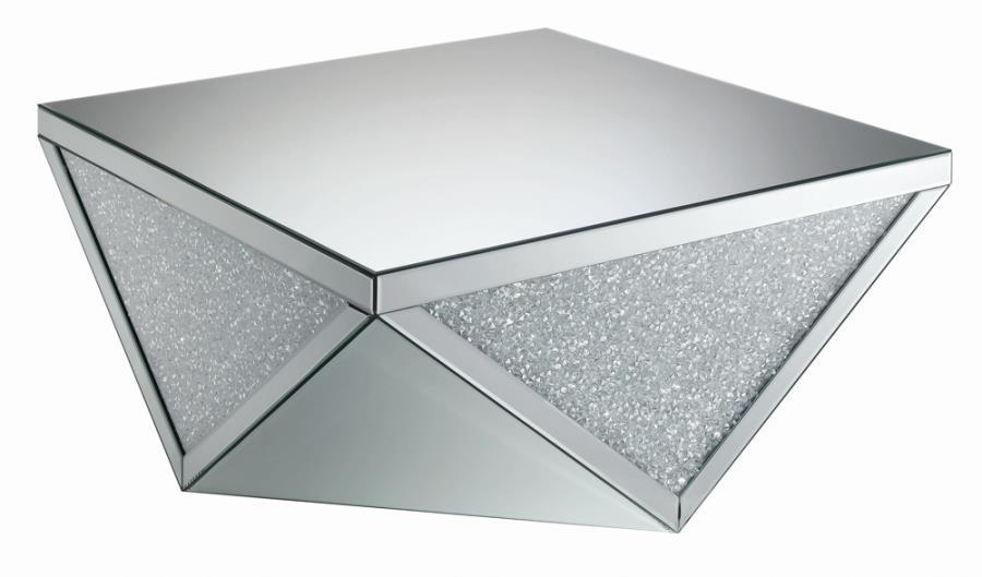 Amore - Square Coffee Table With Triangle Detailing - Silver and Clear Mirror