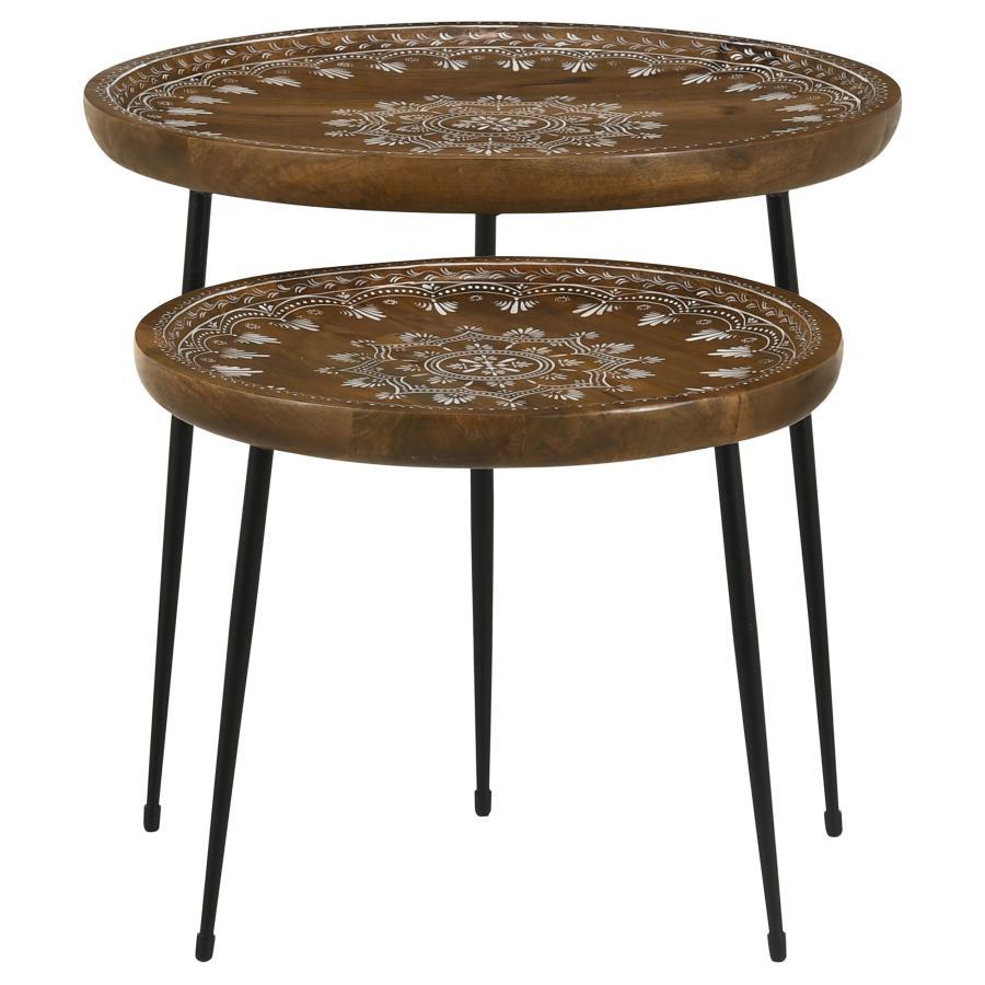 Nuala - 2-Piece Round Nesting Table With Tripod Tapered Legs - Honey and Black