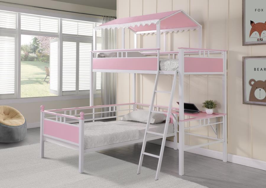 Alexia - Twin Over Twin Workstation Bunk Bed - Pink and White