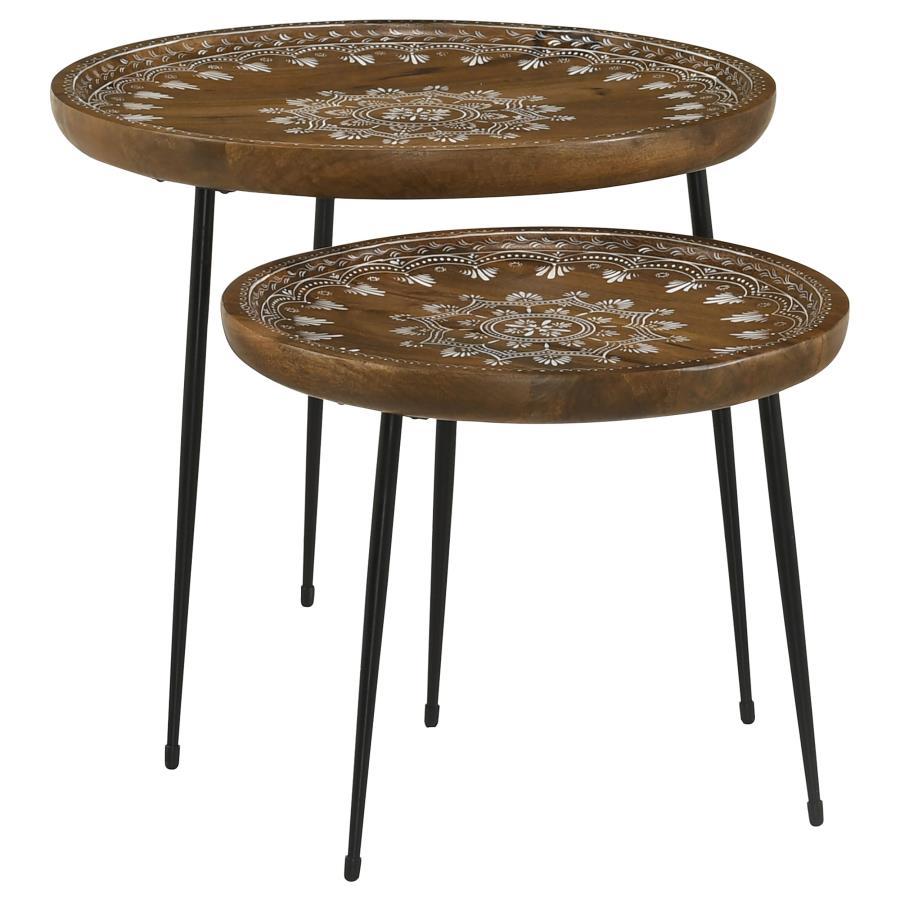 Nuala - 2-Piece Round Nesting Table With Tripod Tapered Legs - Honey and Black