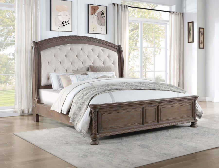 Emmett - Tufted Headboard Eastern King Panel Bed - Walnut and Beige