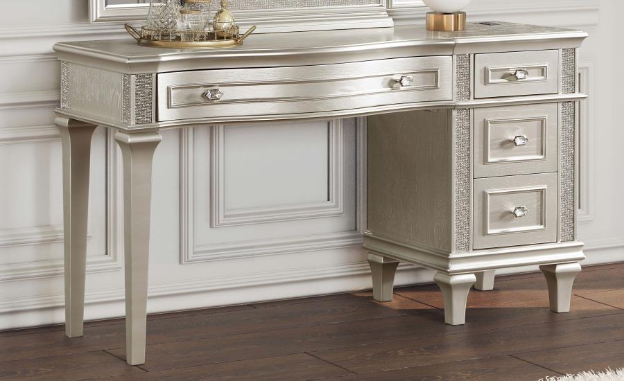 Evangeline - 4-Drawer Vanity Table With Faux Diamond Trim - Silver and Ivory