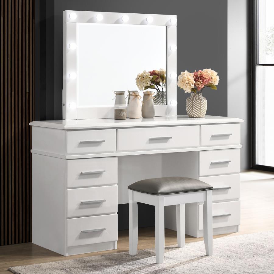 Felicity - Upholstered Vanity Stool - Metallic and Glossy White