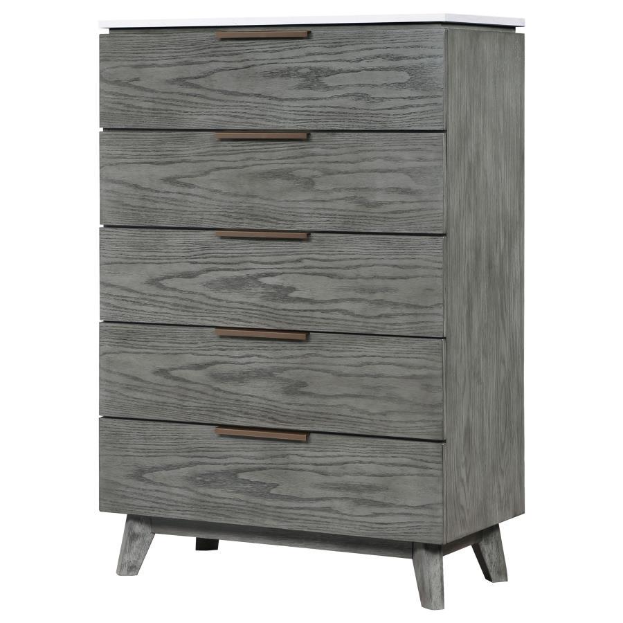 Nathan - 5-Drawer Chest - White Marble and Grey