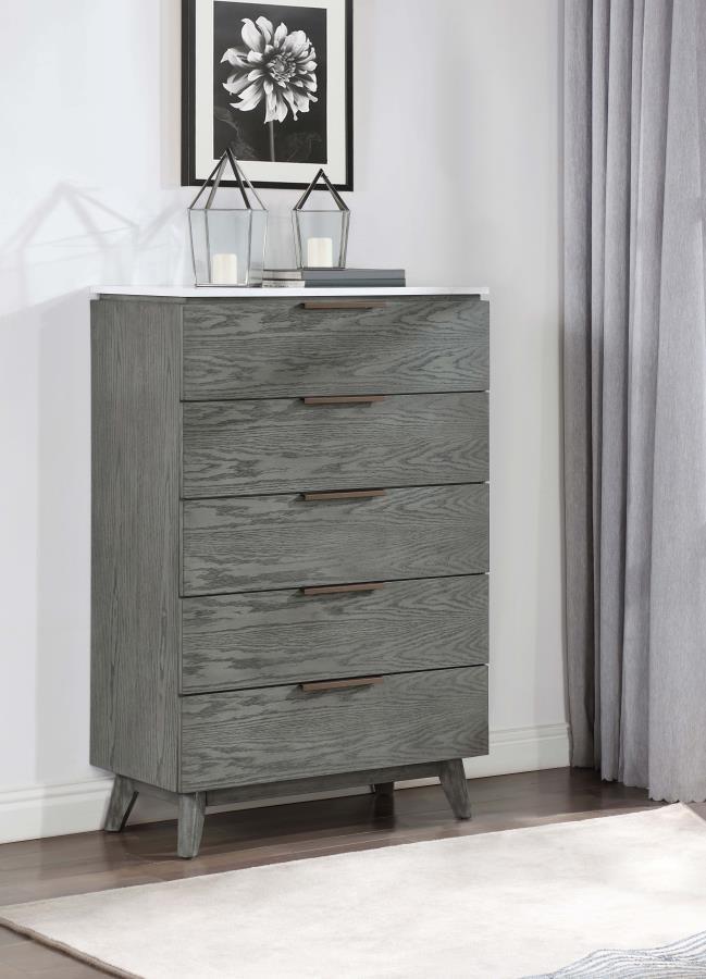 Nathan - 5-Drawer Chest - White Marble and Grey