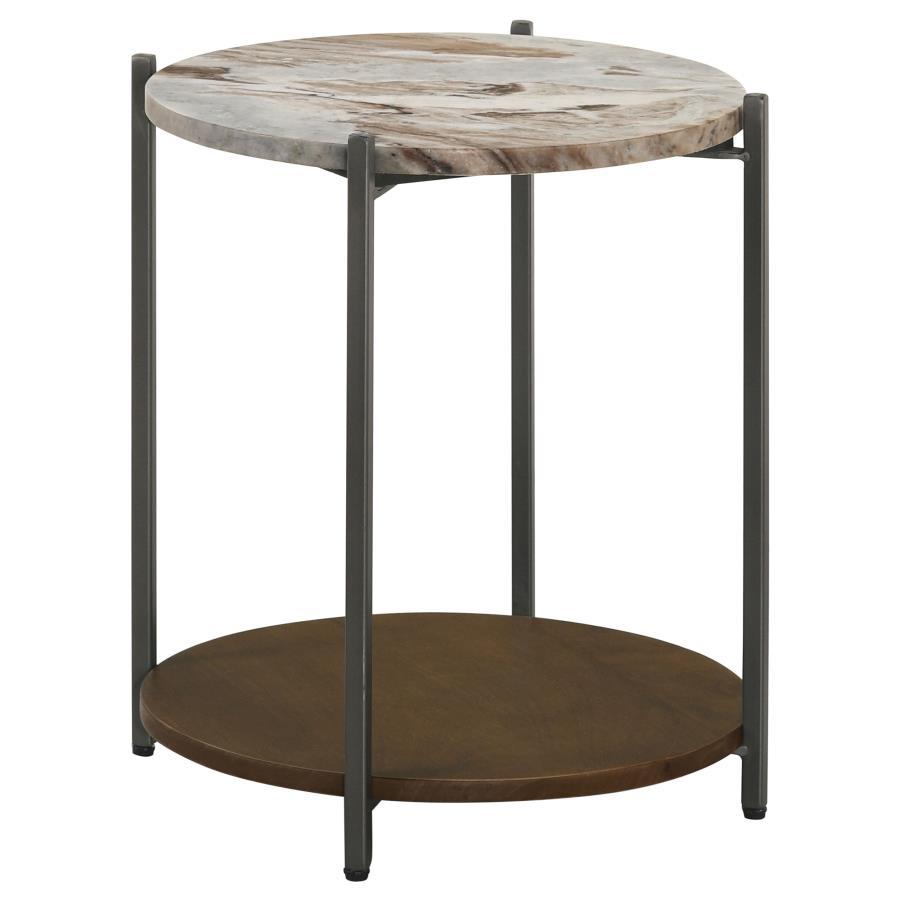 Noemie - Round Accent Table With Marble Top - White and Gunmetal