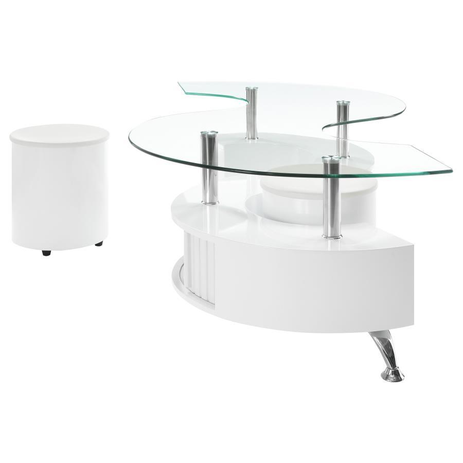 Buckley - Curved Glass Top Coffee Table With Stools - White High Gloss