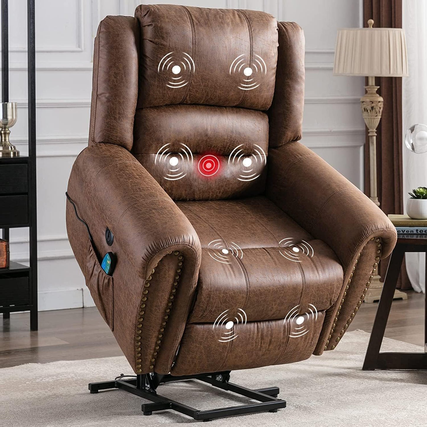 Electric Power Recliner Chair With Massage For Elderly, Remote Control Multi - Function Lifting, Timing, Cushion Heating Chair With Side Pocket - Dark Grey