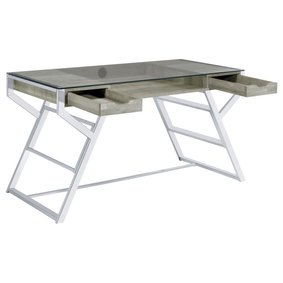 Emelle - 2-Drawer Glass Top Writing Desk - Grey Driftwood and Chrome