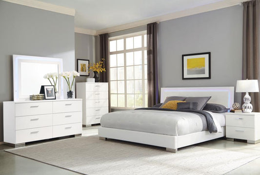 Felicity - 5-Piece Eastern King Bedroom Set With Led Headboard and Mirror - Glossy White