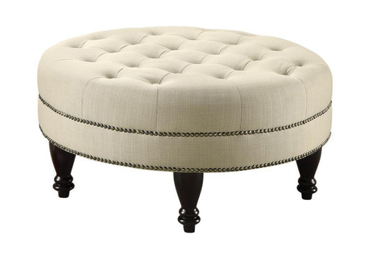 Elchin - Round Upholstered Tufted Ottoman - Oatmeal