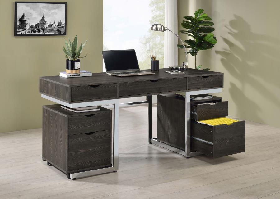 Noorvik - 3-Piece Writing Desk Set - Dark Oak and Chrome