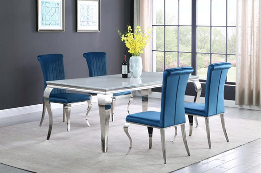 Carone - 5-Piece Rectangular Dining Set (White Table Top) - Teal and Chrome