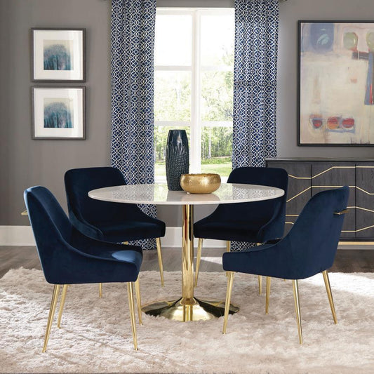 Kella - 5-Piece Round Marble Top Dining Set - Blue and Gold