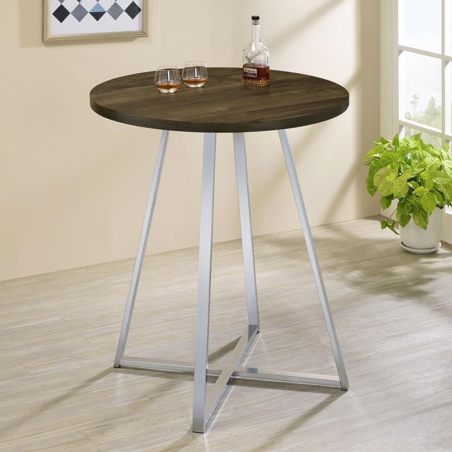 Burkhart - Sled Base Round Bar Table - Brown Oak and Chrome
