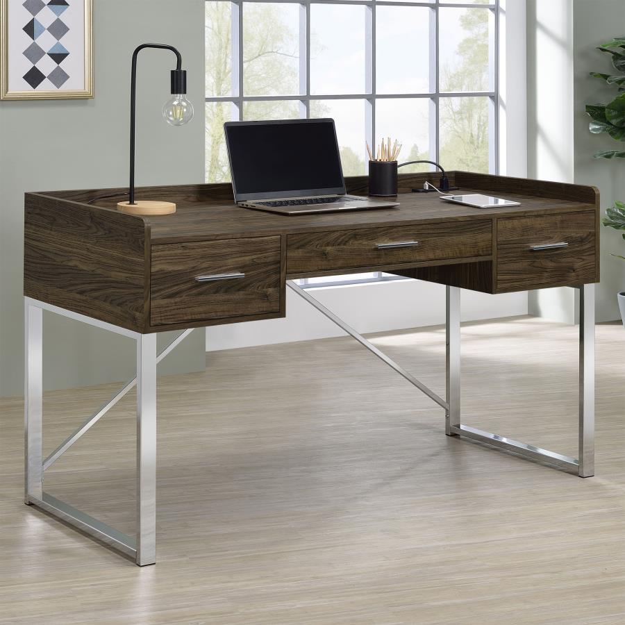 Angelica - 3-Drawer Writing Desk - Walnut and Chrome