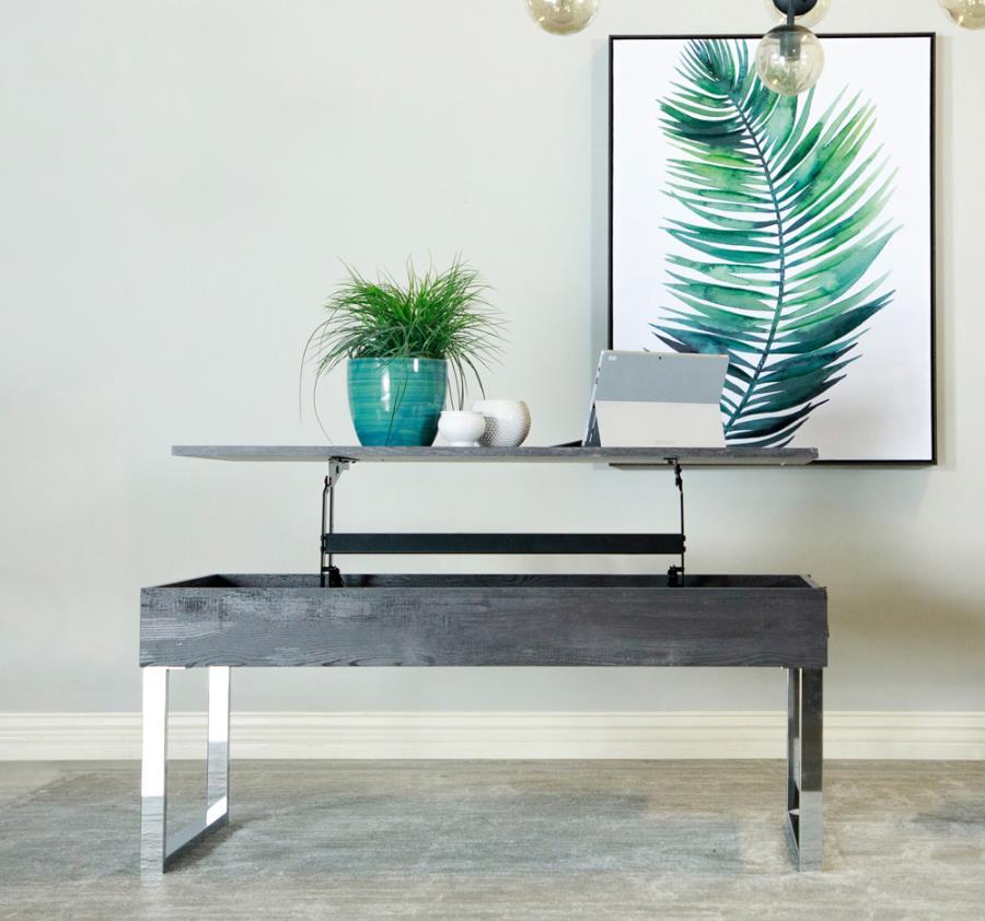 Baines - Lift Top Storage Coffee Table - Dark Charcoal and Chrome