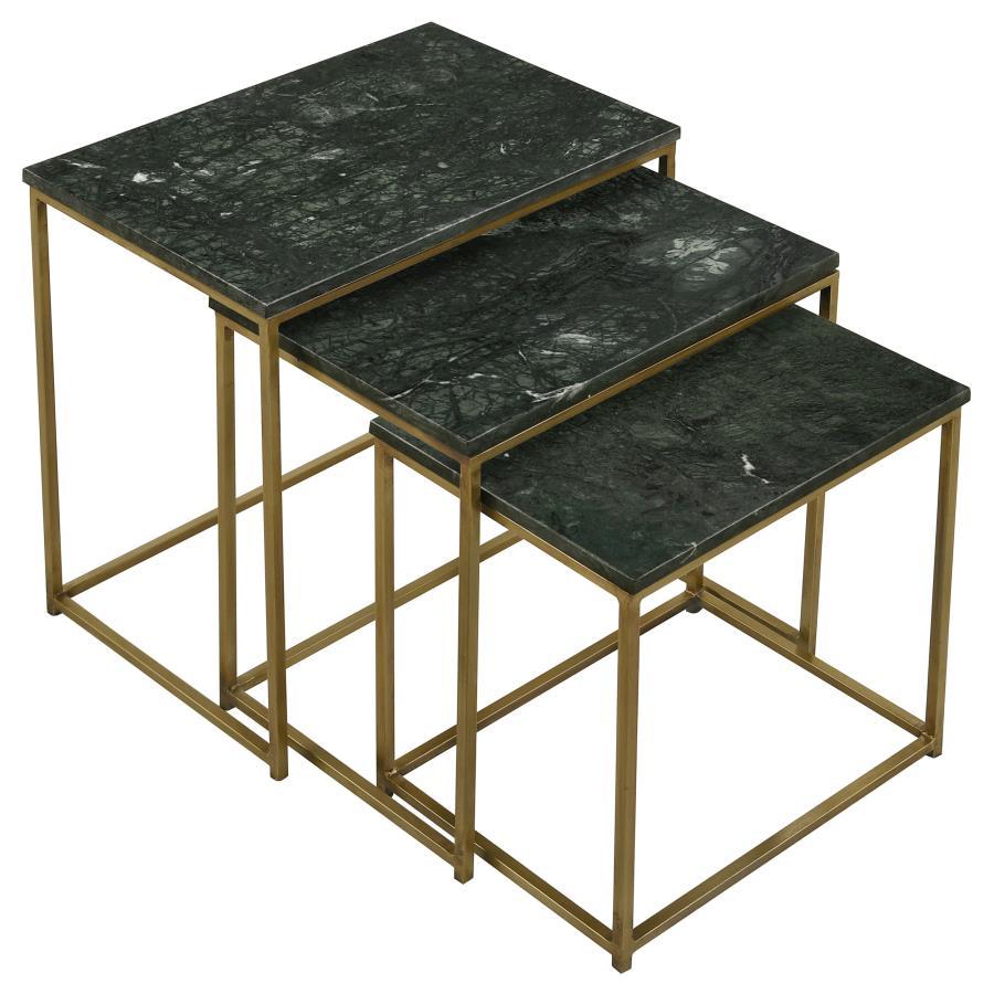 Caine - 3-Piece Nesting Table With Marble Top - Green Marble / Antique Gold