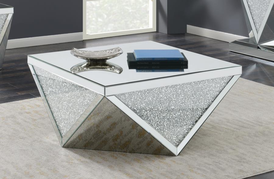 Amore - Square Coffee Table With Triangle Detailing - Silver and Clear Mirror