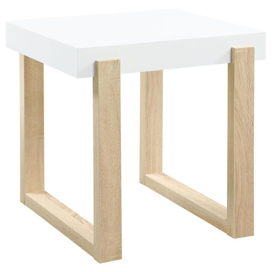 Pala - Rectangular End Table With Sled Base - White High Gloss and Natural